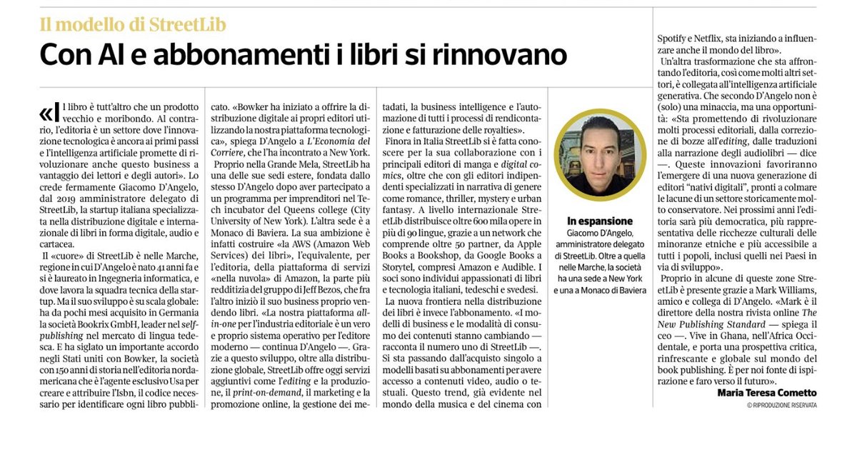 StreetLibITA's tweet photo. Il @Corriere racconta il modello StreetLib e come l'intelligenza artificiale e il modello in abbonamento rinnoveranno il mondo del libro!

#editoria #editoriadigitale #ai https://t.co/h0Mxyjsx7w