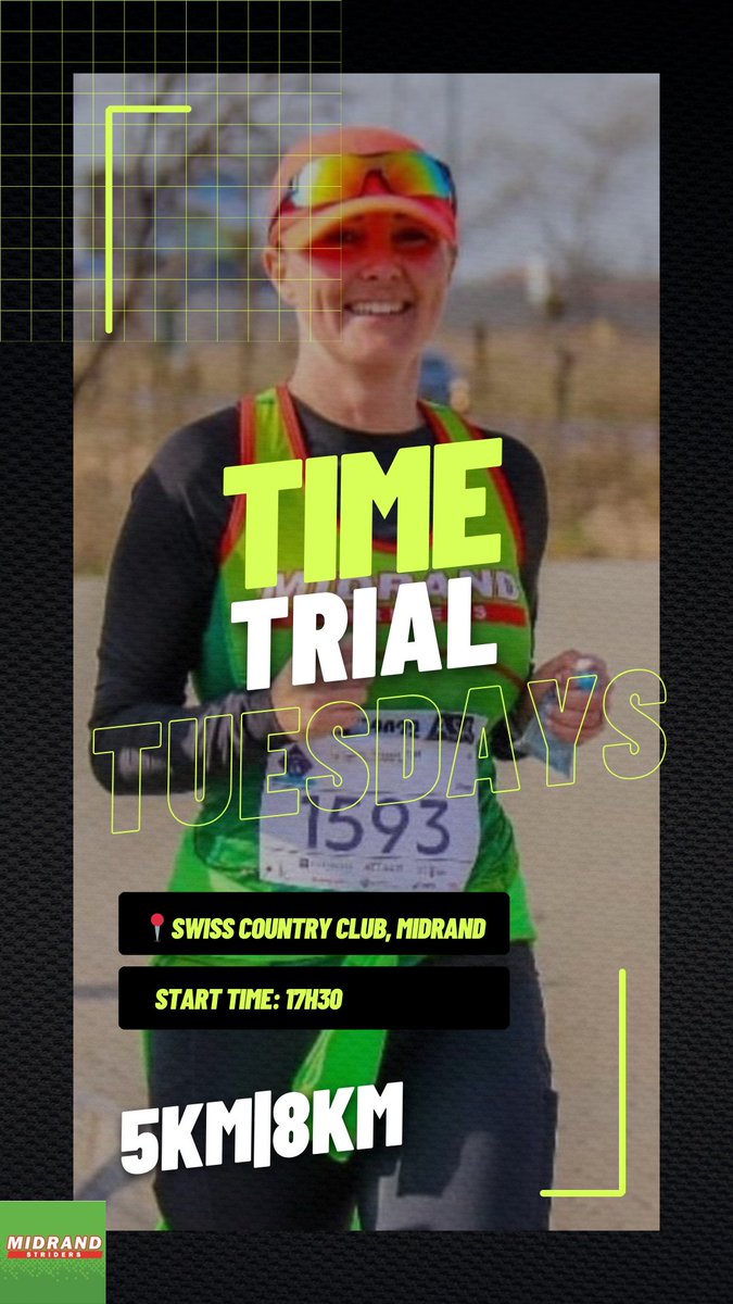 ***ALERT: NEW VENUE FOR TIME TRIALS***
🔥🔥🔥🔥🔥🔥🔥🔥🔥🔥🔥🔥🔥🔥
Don't miss out on time trial Tuesdays with <a href="/midrandstriders/">Midrand Striders</a> ladies captain, Janine van Tonder
at 17h30, Swiss Country Club (Midrand)
#TimeTrials #Tuesday #train
#fitness #speed