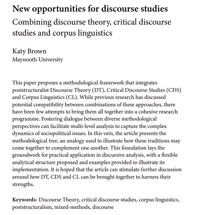 Pleased to share that my latest article has been published in <a href="/jlanpol/">JLANPOL</a>! In it, I propose a framework for combining poststructuralist Discourse Theory (DT), Critical Discourse Studies (CDS) and Corpus Linguistics (CL). Quick thread on the main points. 1/

doi.org/10.1075/jlp.23…