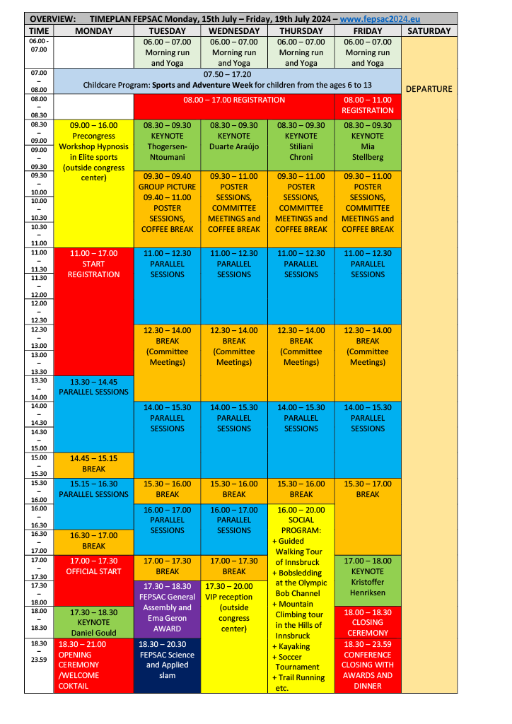 We will feature over 100 workshops, oral sessions and symposia, delivering continuing education on the latest techniques and practices in sports, military, police, performing arts, medicine and business settings. 
You can download the Timetable Pdf at  :

fepsac2024.eu/assets/images/…