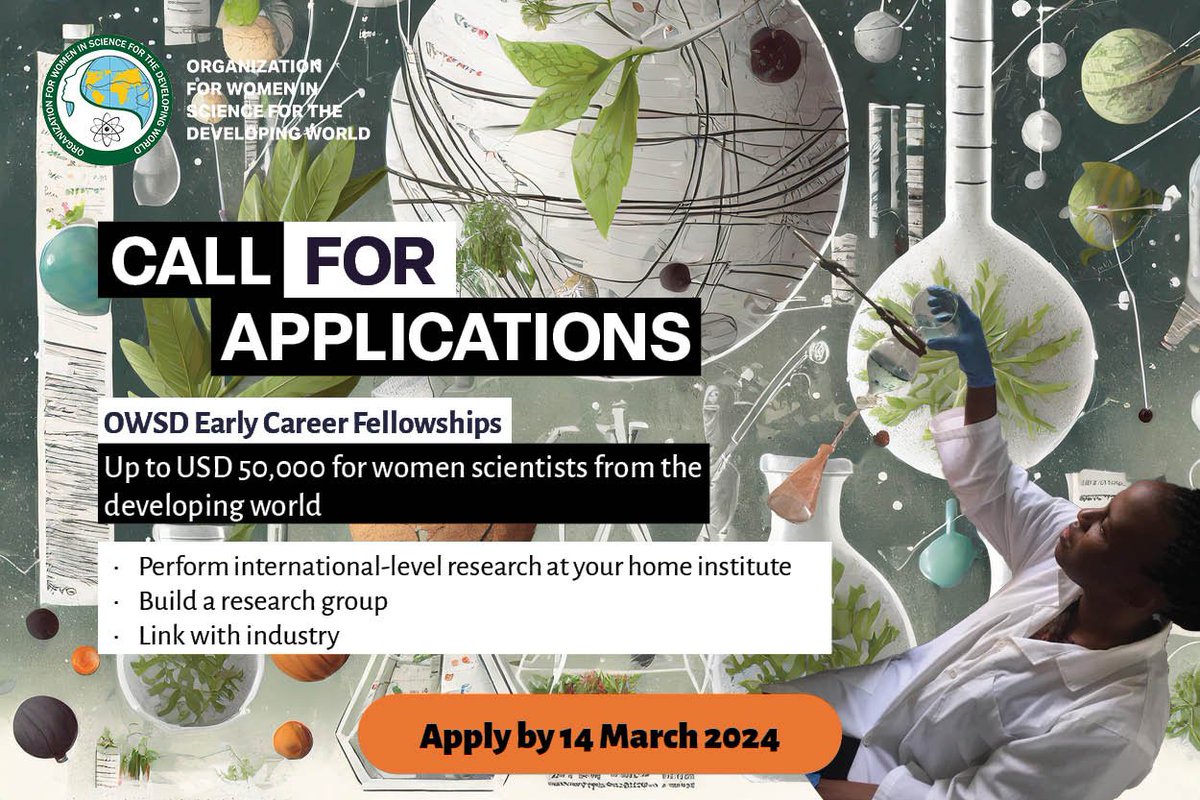 📢 The 2024 Early Career #Fellowships application is OPEN! 📌Calling all #WomenInScience in developing countries: seize this chance for funding to conduct your #research from the comfort of your own space. 

Take advantage of this chance! 
More details👉🏾bit.ly/OWSDEC2024