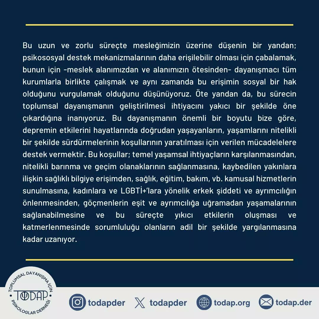 todapder's tweet photo. Yasımız, Öfkemiz, Dayanışmamız Sürüyor

6 Şubat Depremlerinin birinci yıldönümünü karşılarken depremle gelen kaybı, acıyı ve bunların yanı sıra dayanışmayı unutmuyoruz.

Yaşamını yitirenleri saygıyla anıyor, depremden etkilenen insanların acısını ve öfkesini paylaşıyoruz. https://t.co/qvSTpdOmu7