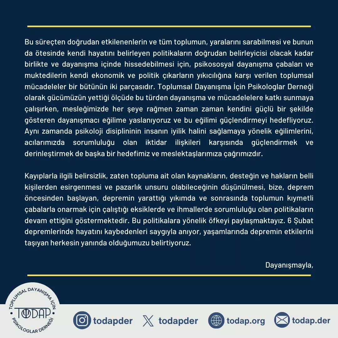Yasımız, Öfkemiz, Dayanışmamız Sürüyor

6 Şubat Depremlerinin birinci yıldönümünü karşılarken depremle gelen kaybı, acıyı ve bunların yanı sıra dayanışmayı unutmuyoruz.

Yaşamını yitirenleri saygıyla anıyor, depremden etkilenen insanların acısını ve öfkesini paylaşıyoruz.