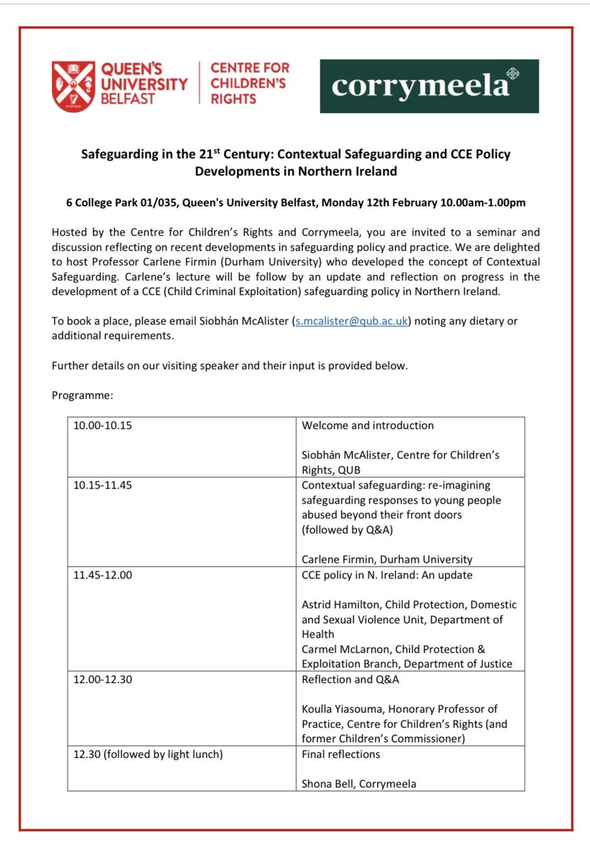 We are delighted to host @carlenefirmin in partnership with @corrymeela for a discussion on Safeguarding in the 21st Century on 12th Feb @QUBelfast. Places are limited. Details on how to register 👇