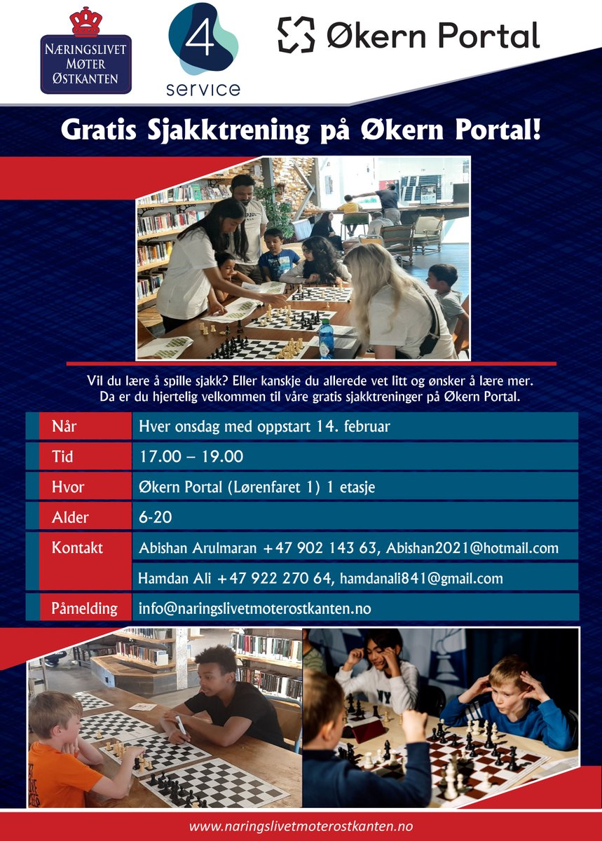 Gratis sjakktrening på Økern Portal starter opp igjen hver onsdag fra 14. februar! Alle er velkomne, uavhengig av spillestyrke. Vi sees!

<a href="/OkernLoren/">Økern og Løren</a>