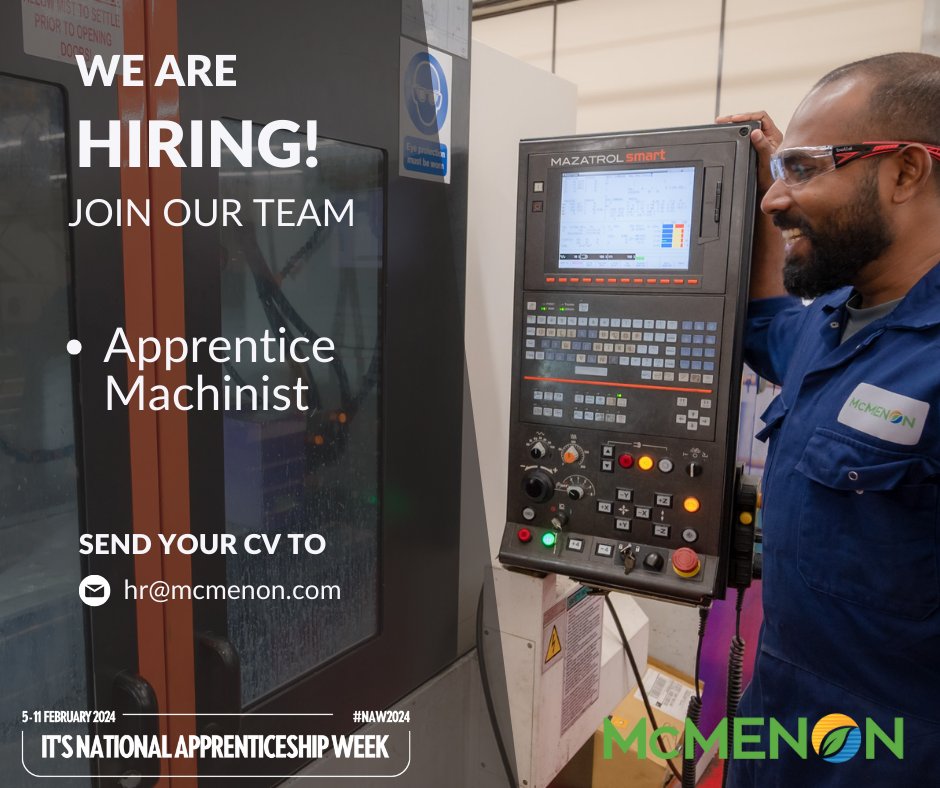 In celebration of #NationalApprenticeshipWeek, McMenon Engineering is thrilled to announce a fantastic opportunity to join our award-winning company!
We are actively seeking an Apprentice Machinist to join our talented team: mcmenon.com/careers/machin…
Send your cv to hr@mcmenon.com