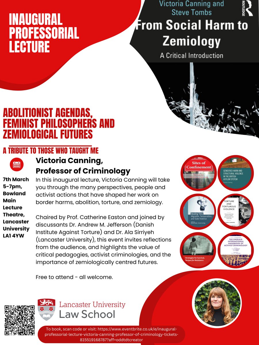 Victoria Canning (@vicky_canning) on Twitter photo Abolitionist Agendas, Feminist Philosophers and Zemiological Futures: a Tribute to Those Who Taught Me ✊🏽 Feel free to pop along!
7th March, 5-7pm, drinks after <a href="/LancsUniLaw/">Lancaster Law and Crim</a>
Excited to be joined by @andymjefferson <a href="/AlaSirriyeh/">Ala Sirriyeh 🇵🇸</a> and Catherine Easton 🔥
eventbrite.co.uk/e/inaugural-pr… Abolitionist Agendas, Feminist Philosophers and Zemiological Futures: a Tribute to Those Who Taught Me ✊🏽 Feel free to pop along!
7th March, 5-7pm, drinks after <a href="/LancsUniLaw/">Lancaster Law and Crim</a>
Excited to be joined by @andymjefferson <a href="/AlaSirriyeh/">Ala Sirriyeh 🇵🇸</a> and Catherine Easton 🔥
eventbrite.co.uk/e/inaugural-pr…