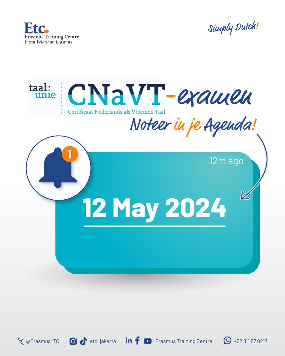 Erasmus_TC's tweet photo. 🇮🇩 As an official examiner in Indonesia, Erasmus Training Centre proudly announces the CNaVT test (Het Certificaat Nederlands als Vreemde Taalexam) on May 12, 2024, at the ETC building in Jakarta, Indonesia. https://t.co/Z6ymwICxaQ