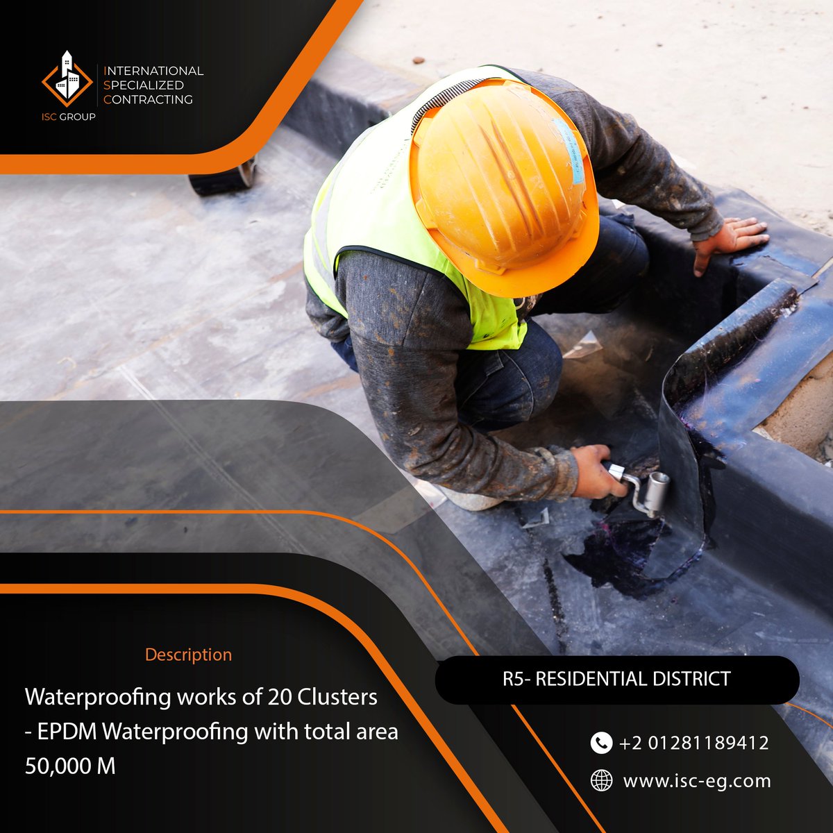 eg_isc's tweet photo. R5- RESIDENTIAL DISTRICT  📷
اعمال العزل في مشروع ال
R.5    📷
- EPDM Waterproofing for 20 Clusters with total area 50,000 m2
#Waterproofing
#Contracting #International #Specialized #Contracting
🤳call now
📞1282113219 https://t.co/7jcpV3T2ct