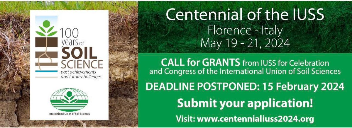IUSS_ORG's tweet photo. Time is running fast, do not miss your opportunity to apply for the grants and come to the Centennial of the IUSS  #centennialoftheiuss #iuss #insoilwetrust #takingcareofsoilssince1924 #bringingforwardsoilscience #callforgrants https://t.co/eXX5K87Pqt