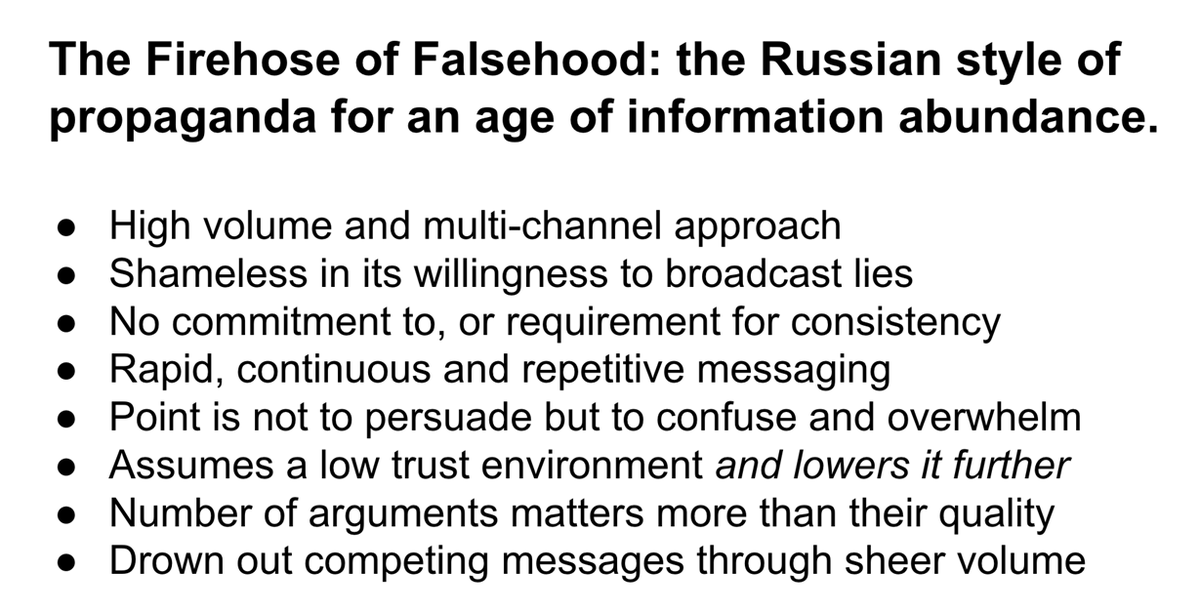 The most common strategy on social media manipulation is the Russian style of online propaganda, 'Firehose of falsehood', which prioritizes quantity over quality, and tries to overwhelm any competing narratives on the topic. This strategy is now being used by most countries. 7/21