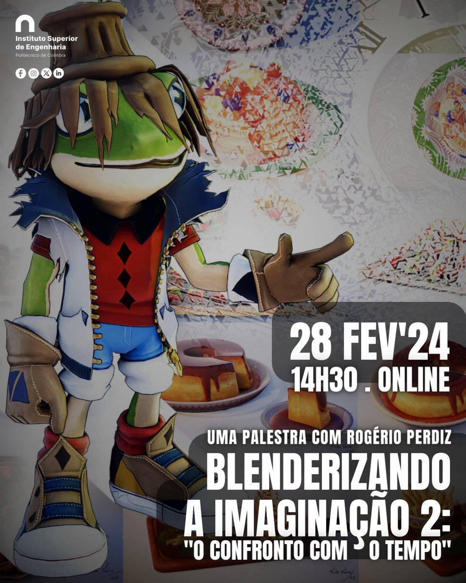 Realiza-se no próximo dia 28 de fevereiro, pelas 14h30, em formato online, a palestra “Blenderizando a Imaginação 2: "O Confronto com o Tempo", que conta com Rogério Perdiz como orador convidado.e Inscrição obrigatória tr.ee/nDK97if_Be