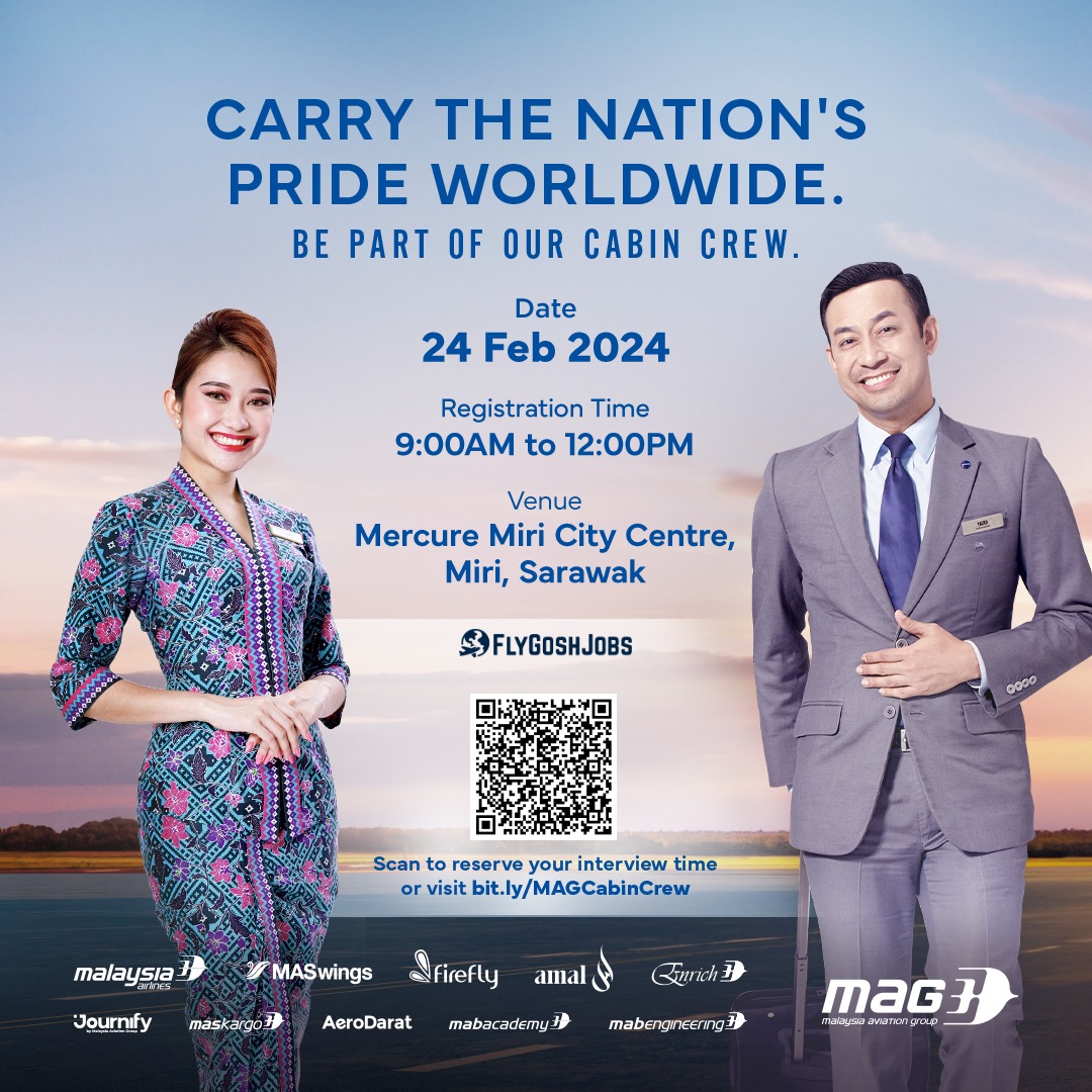 FlyGosh's tweet photo. Malaysia Aviation Group Cabin Crew Recruitment - Miri, Sarawak

For more information, visit https://t.co/drDiwzXHgc or scan the QR code to apply https://t.co/qXPQnRZqqq