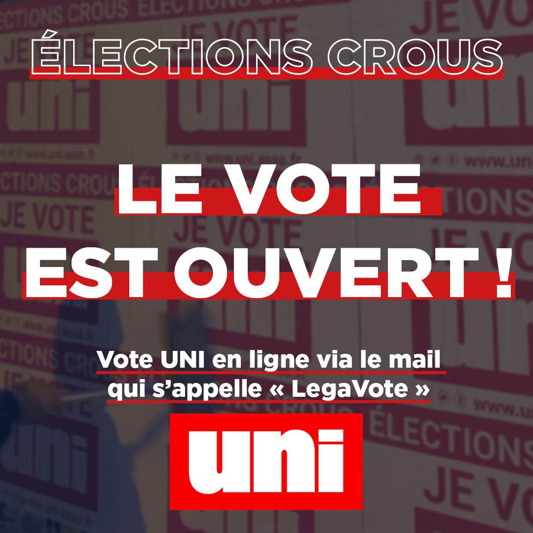 assodroit's tweet photo. 🔴 ÉLECTIONS CROUS l'AFED apporte son soutien aux listes UNI 🔴

🗳️ Aujourd'hui, et jusqu'à jeudi, on vote et on fait voter les listes UNI aux dans toute la France !

✅ Pour la suppression de la CVEC et pour l’instauration du ticket restaurant https://t.co/Fhz4ZVWBuT