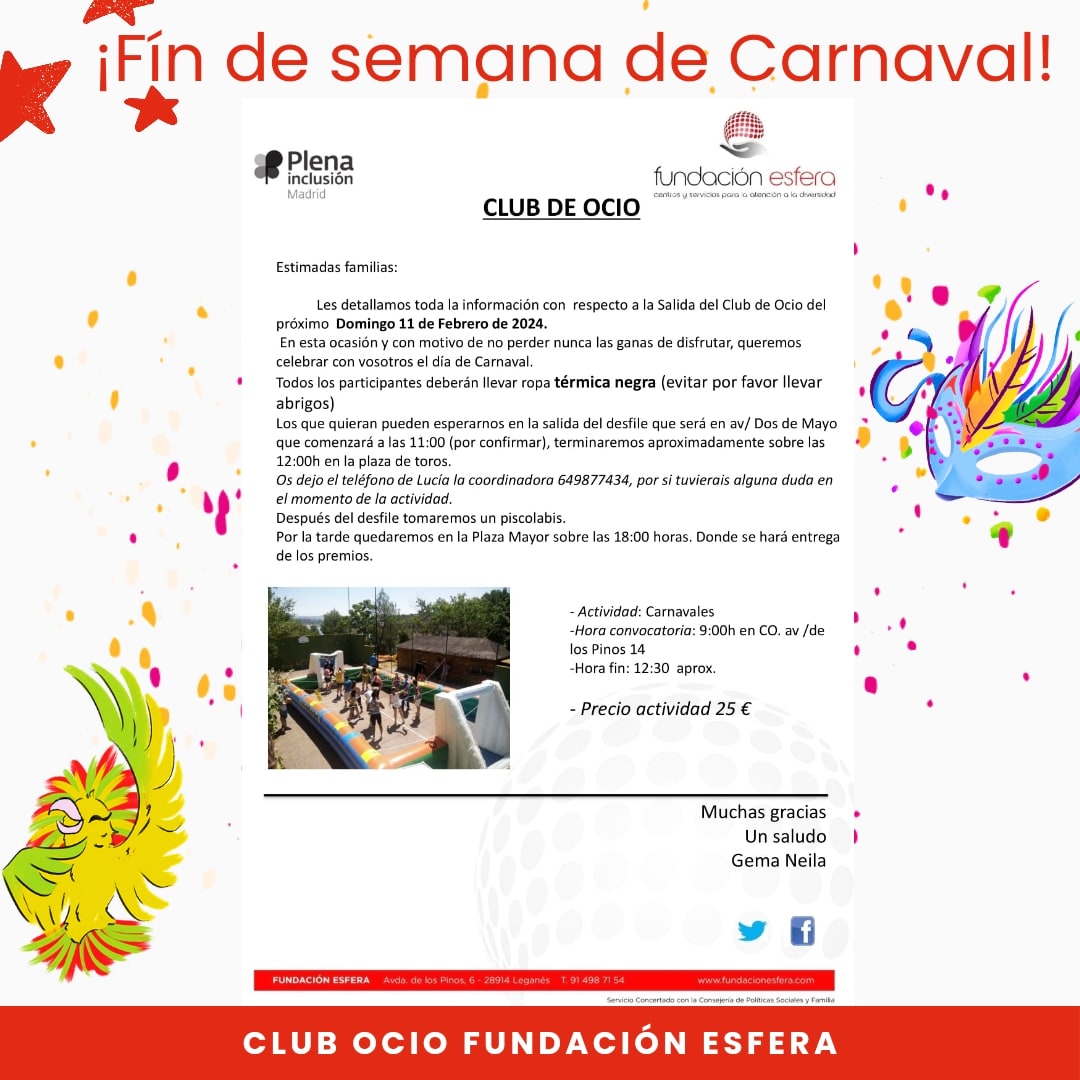 EsferaFundacion's tweet photo. Os esperamos el próximo domingo, a todos los que queráis participar en el Desfile de Carnaval que celebra el @aytoleganes.
Empezaremos a prepararnos a las 9:00 en el CO y de allí nos desplazaremos al punto de salida del desfile.
#carnaval
#disfraz
#caracterización 
#muycapaces https://t.co/saAQPRvB4c
