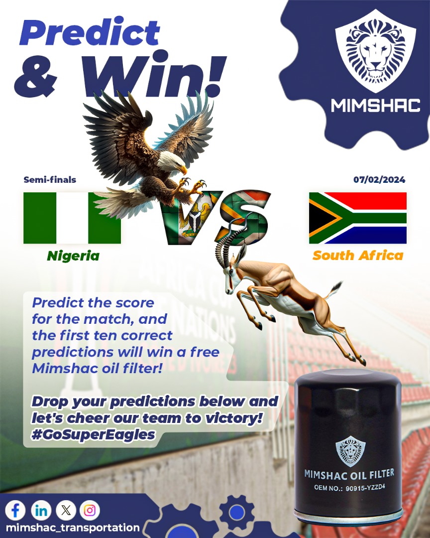 mimshac_trans's tweet photo. Score big with the Super Eagles and Mimshac! Predict the match score and win a free oil filter! https://t.co/MCo6MWIExC
