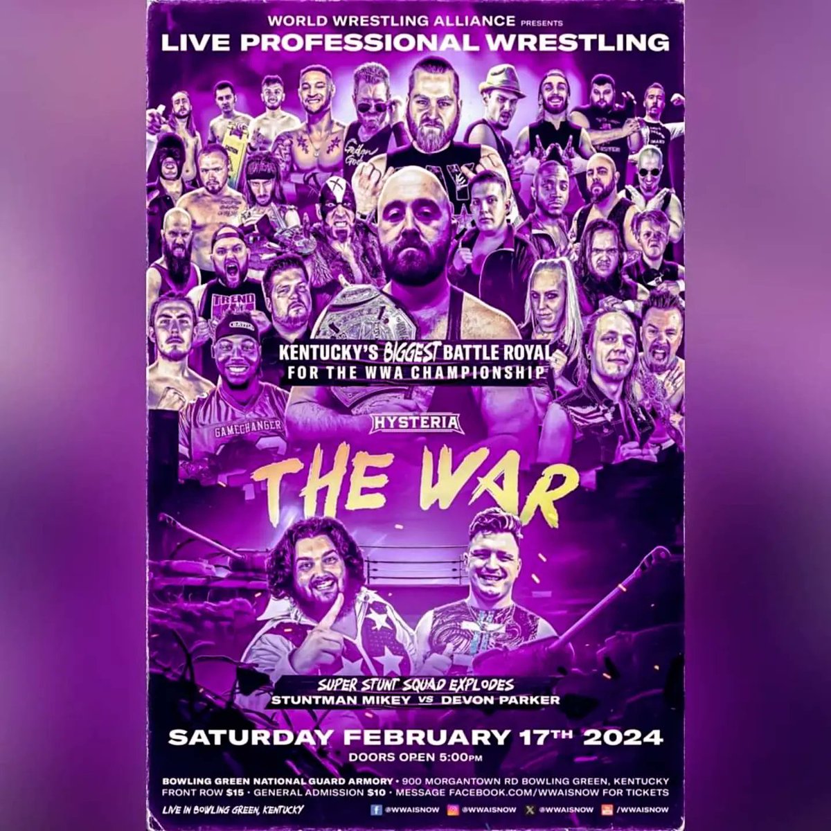 TylerHawkinsWWA's tweet photo. Two weeks! @WWAISNOW is back in Bowling Green, KY and we are bringing The War! With Kentuckys Biggest Battle Royal! #war #wwaisnow #battleroyal https://t.co/oDV47Bodfx