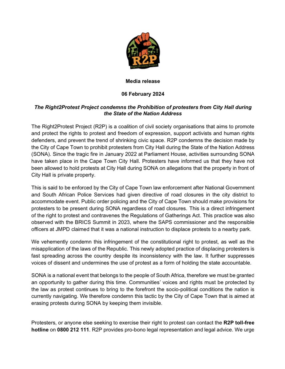 ProtestZa's tweet photo. @ProtestZa condemns the decision made by the @CityofCT to prohibit protesters from City Hall during the State of the Nation Address (SONA). This is a direct infringement of the right to protest and contravenes the Regulations of Gatherings Act.
 
Please see statement here below: https://t.co/RtzgxW1yEO
