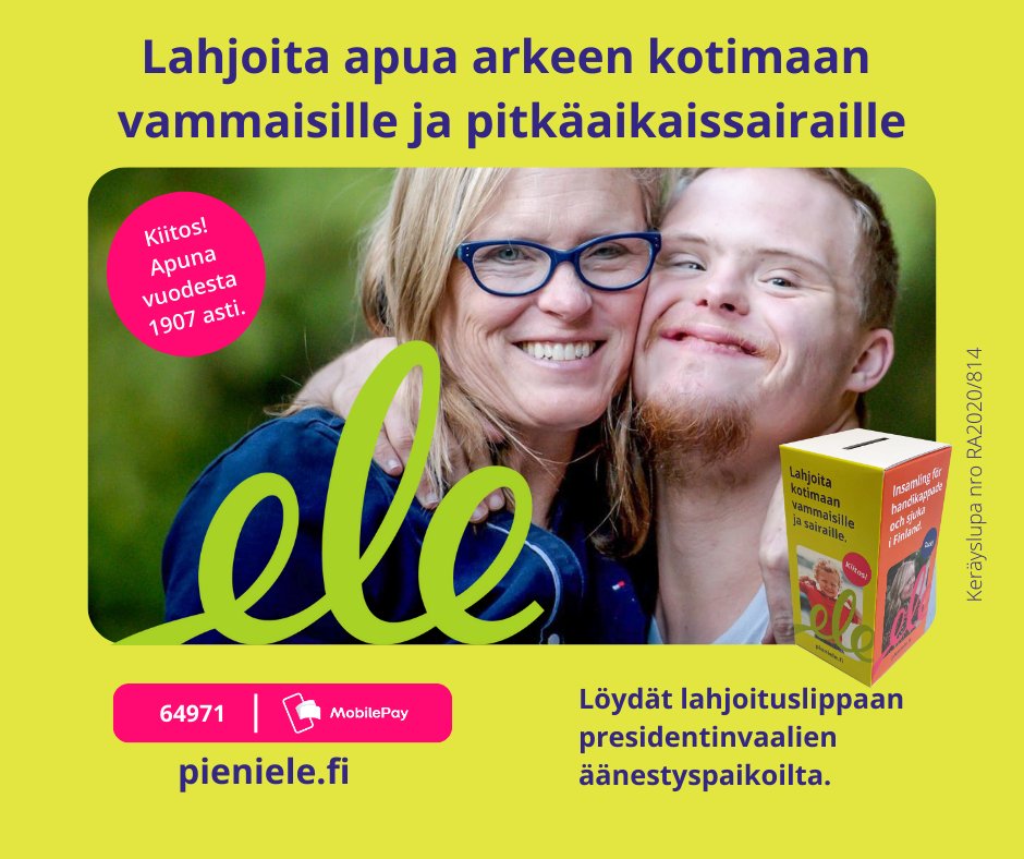 Onni on auttaa. Lahjoita apua arkeen kotimaan vammaisille ja pitkäaikaissairaille. Löydät pieni eleen keräyslippaat äänestyspaikoilla 31.1.–6.2. ja 11.2. 💛

#epilepsia
#pieniele 
#HetkiOnnea

RA/2020/814