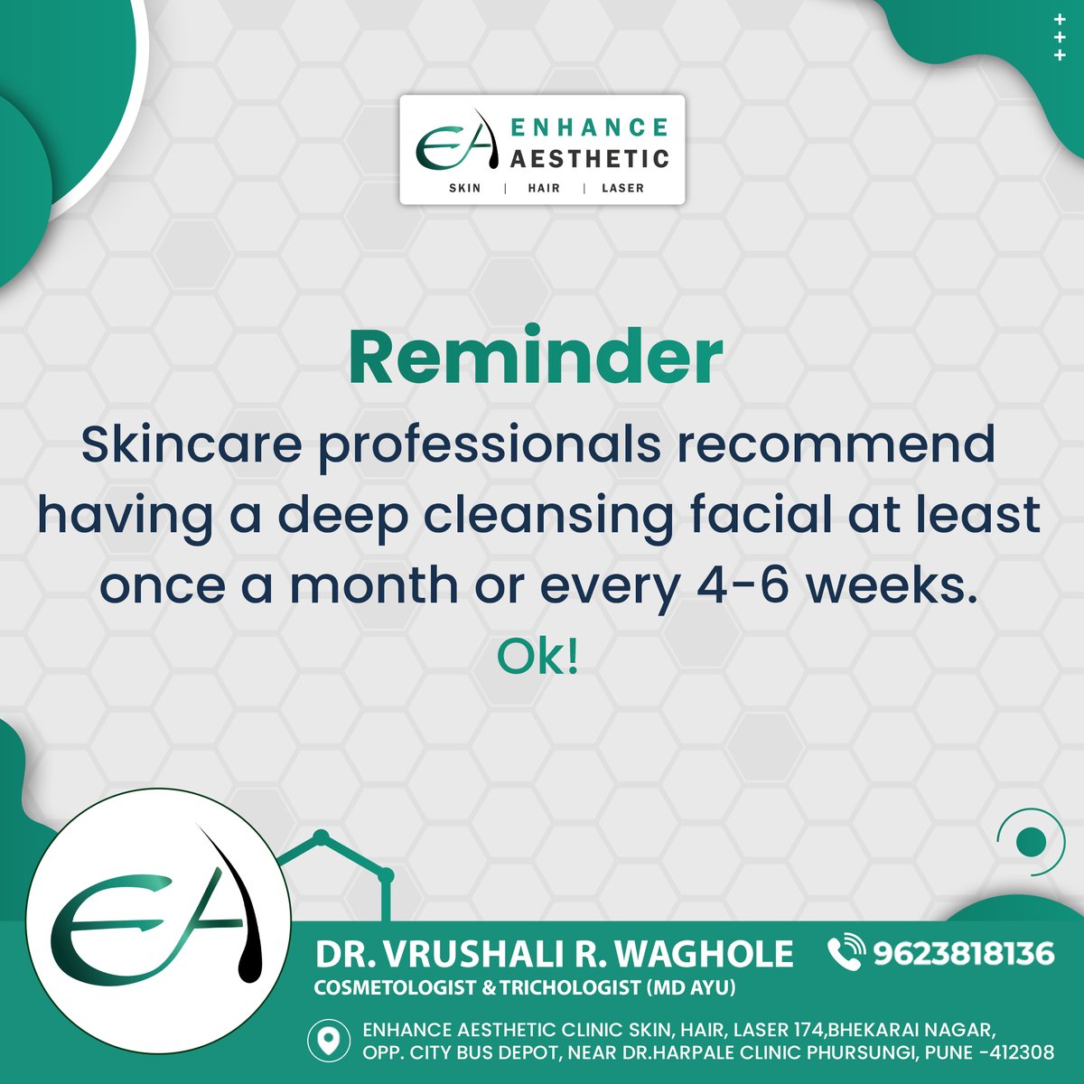 Enhance_clinic9's tweet image. Skincare reminder: 🌟 Schedule a deep cleansing facial every 4-6 weeks for radiant and healthy skin. OK!

🌎 enhanceaestheticclinic.com
📲 9623818136

#ProfessionalSkincare #FacialTreatment #MonthlyRoutine #deepfacialcleansing #deepcleanse #skincareroutine #skincare #skincareroutine