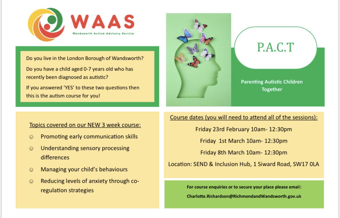 Are you a parent of an #autistic child? Do you live in #Wandsworth ? If yes - please sign up for our new 3 week #autism specific #parenting course: Parenting Autistic Children Together (P.A.C.T) Email: Charlotte.richardson@richmondandwandsworth.gov.uk to register your interest!