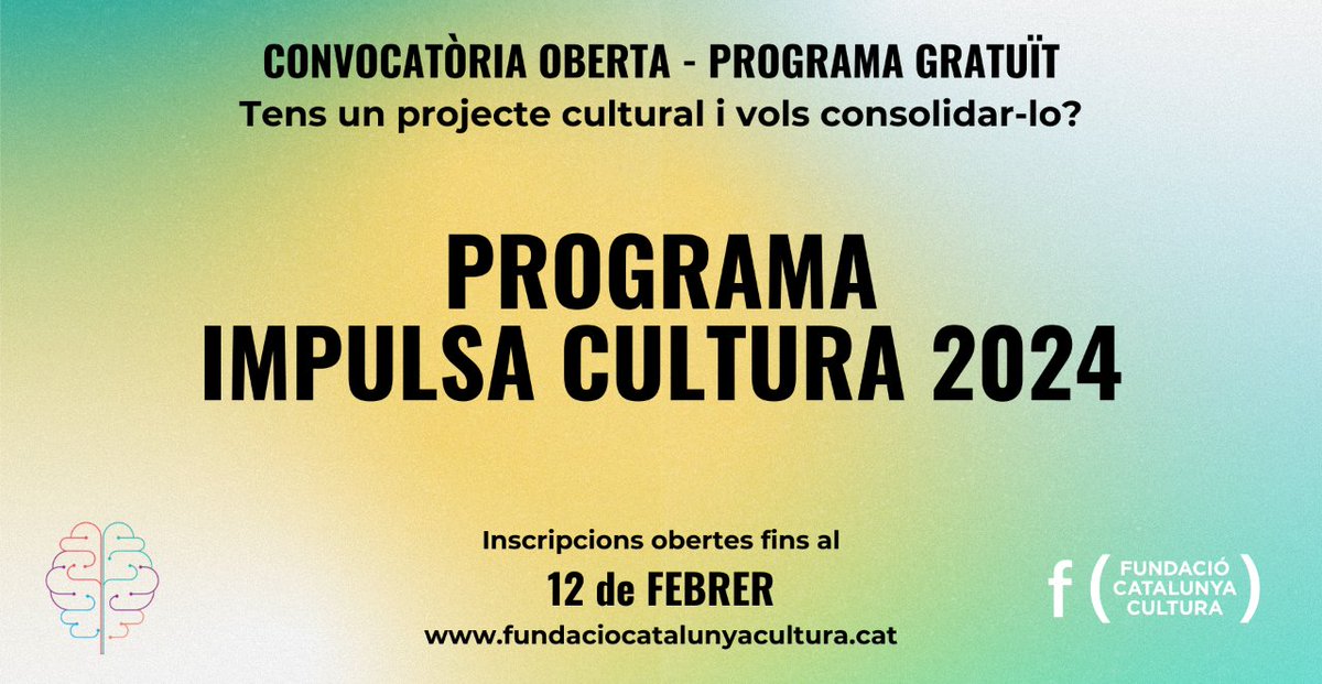 Surtdecasa's tweet image. La @fcatcultura té oberta la convocatòria del #ProgramaImpulsaCultura 2024!

Inscripcions fins el 12 de febrer

+ info: fundaciocatalunyacultura.cat/programa-impul…