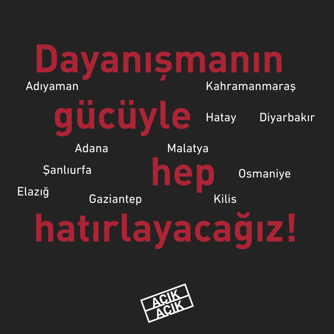❗️Dayanışmanın gücüyle hep hatırlayacağız, buradayız ve unutmuyoruz! 

Siz de deprem bölgesinde çalışmalarını sürdüren sivil toplum kuruluşlarının yanında olmak için, acikacik.org’a girin ve bağışlarınızla destek olun.♥️

#Deprem #AçıkAçıkDerneği #AçıkAçık #Bağış
