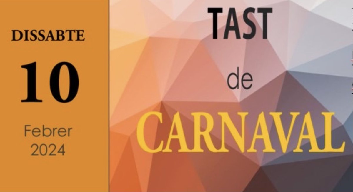 cellerpirineu's tweet photo. 10/02 TAST DE CARNAVAL
5 copes amb: 2 vins blancs, 2 vins negres i 1 escumós
Maridatge amb formatges i embotit
Hora d'inici: 19h
Durada: 2h #activitats #Andorra #Auvinyà #SantJuliàdeLòria #carnaval #catas #vinos #gastronomia #wine https://t.co/aaeqnElMiH