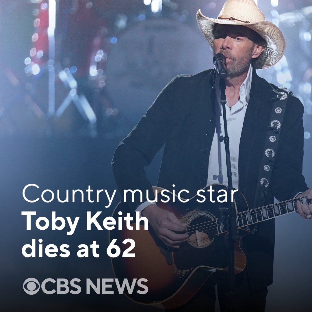 Country music star Toby Keith has died at 62, his social media sites and website announced, saying he “passed peacefully…surrounded by his family.” The multi-platinum-selling artist said in June 2022 he had been undergoing treatment for stomach cancer. cbsn.ws/3Oznvir
