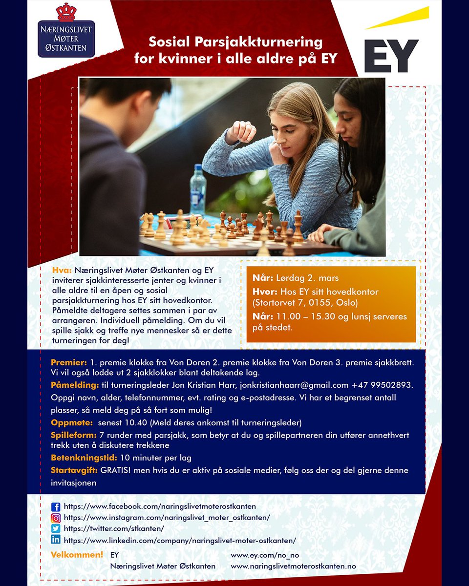 Vi inviterer til sosial parsjakkturnering for kvinner i aldre aldre på @EY_Norge lørdag 2. mars! Vi stiller med god stemning og flotte premier fra <a href="/VonDoren/">Von Doren Timepieces</a> ⌚️