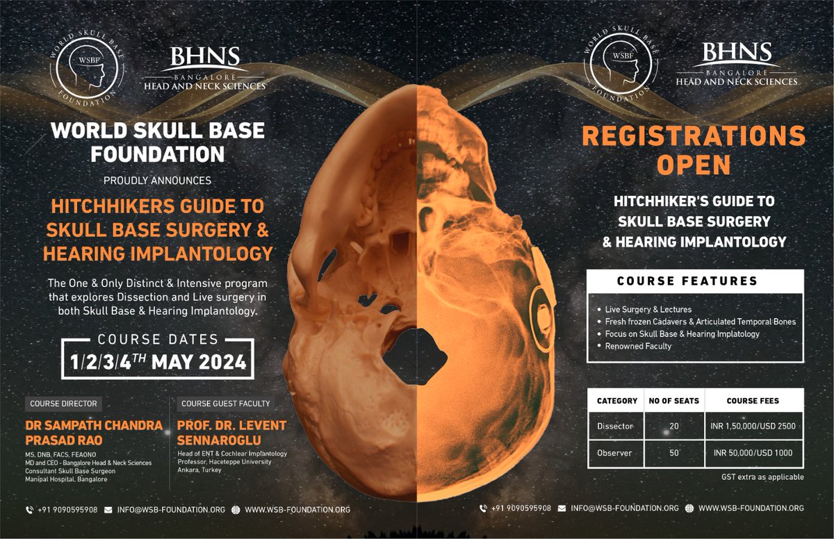 The World Skull Base Foundation proudly presents The One & Only Unique and Compact Program that explores Dissection & Live Surgery in both Skull Base & Hearing Implantology 2024. Avail special discounts on Registrations done on or before 29th February 2024!! REGISTER NOW!!