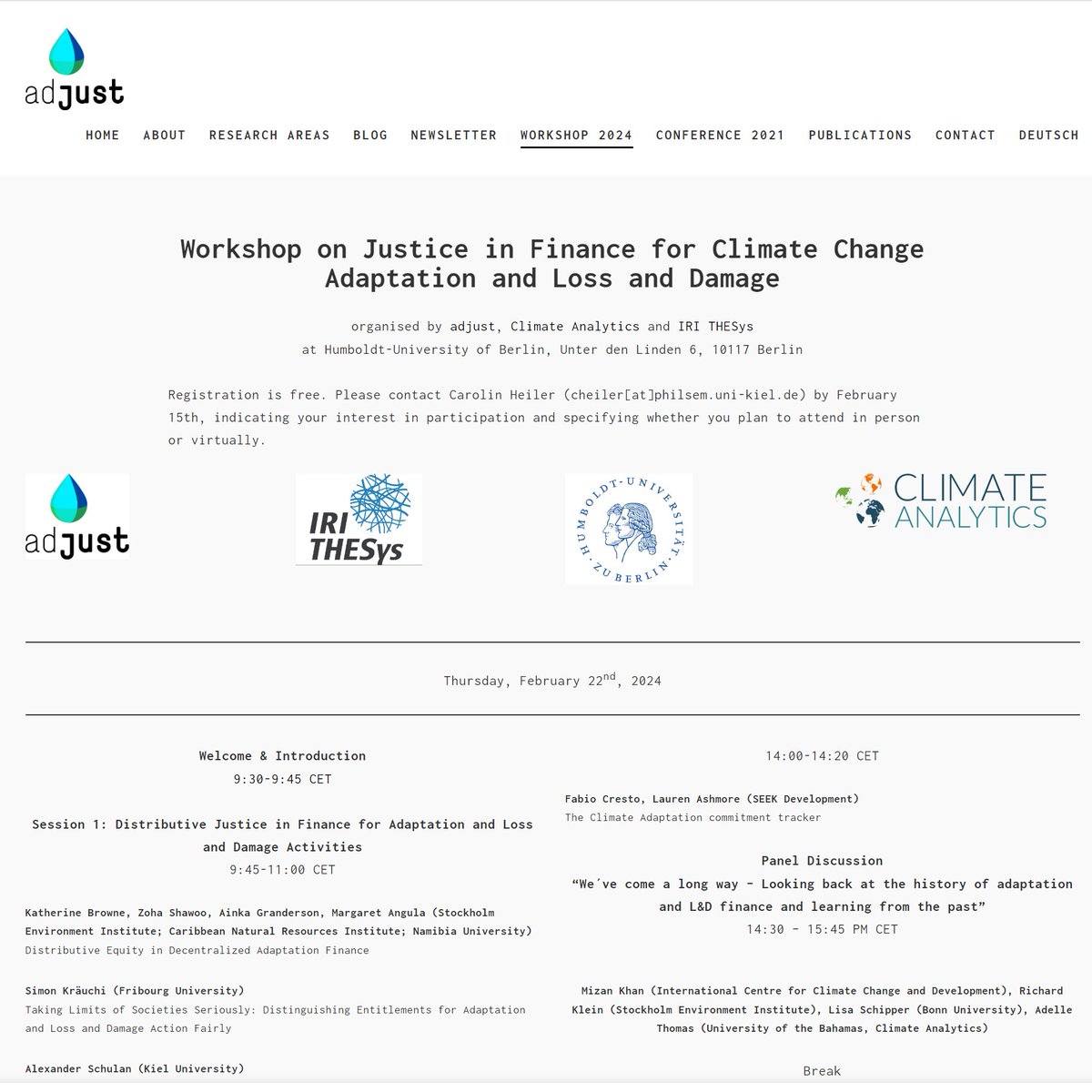 🛠️WORKSHOP: Join @CA_Latest, @IRI_THESys, & @HumboldtUni to explore 'Justice in Finance for #ClimateChange #Adaptation and #LossAndDamage'! 🗓️ 22–23 February 2024 📍Hybrid (Online & in Berlin) ✏️Register until 15/02/2024: adjust-climate.org/en/workshop-lo… 📜See the full schedule above 👆