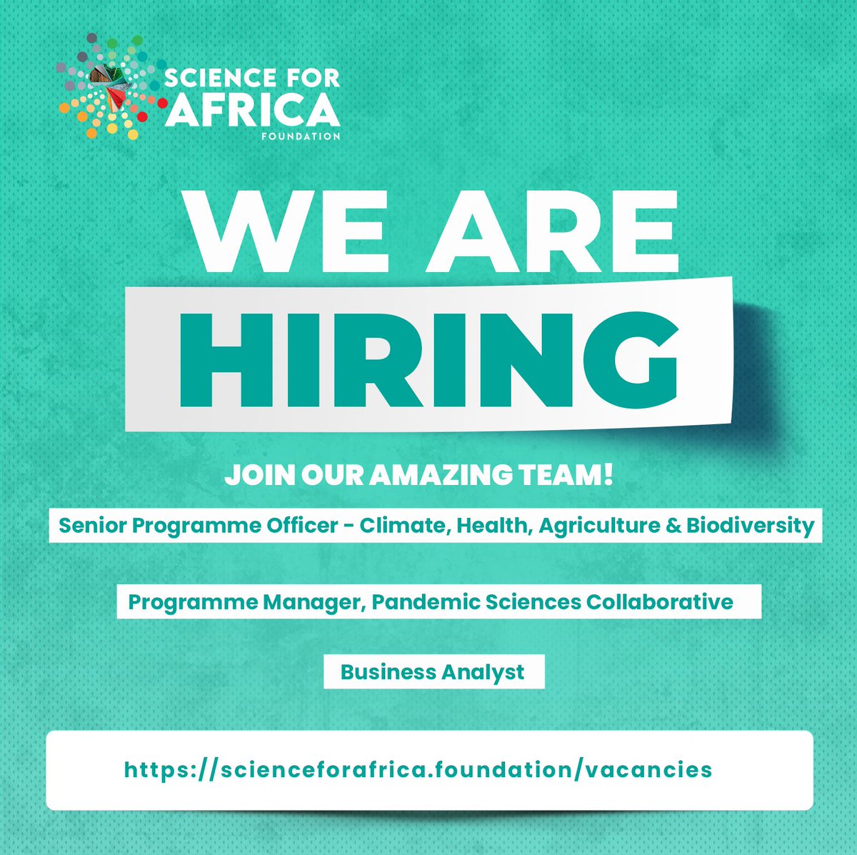 Open positions at the SFA Foundation! Senior Programme Officer - Climate, Health, Agriculture and Biodiversity 🖇️ bit.ly/493I1Aa Programme Manager, Pandemic Sciences Collaborative - EPSILONS 🖇️ bit.ly/3HPEA44 Business Analyst 🖇️ bit.ly/3w88SMT