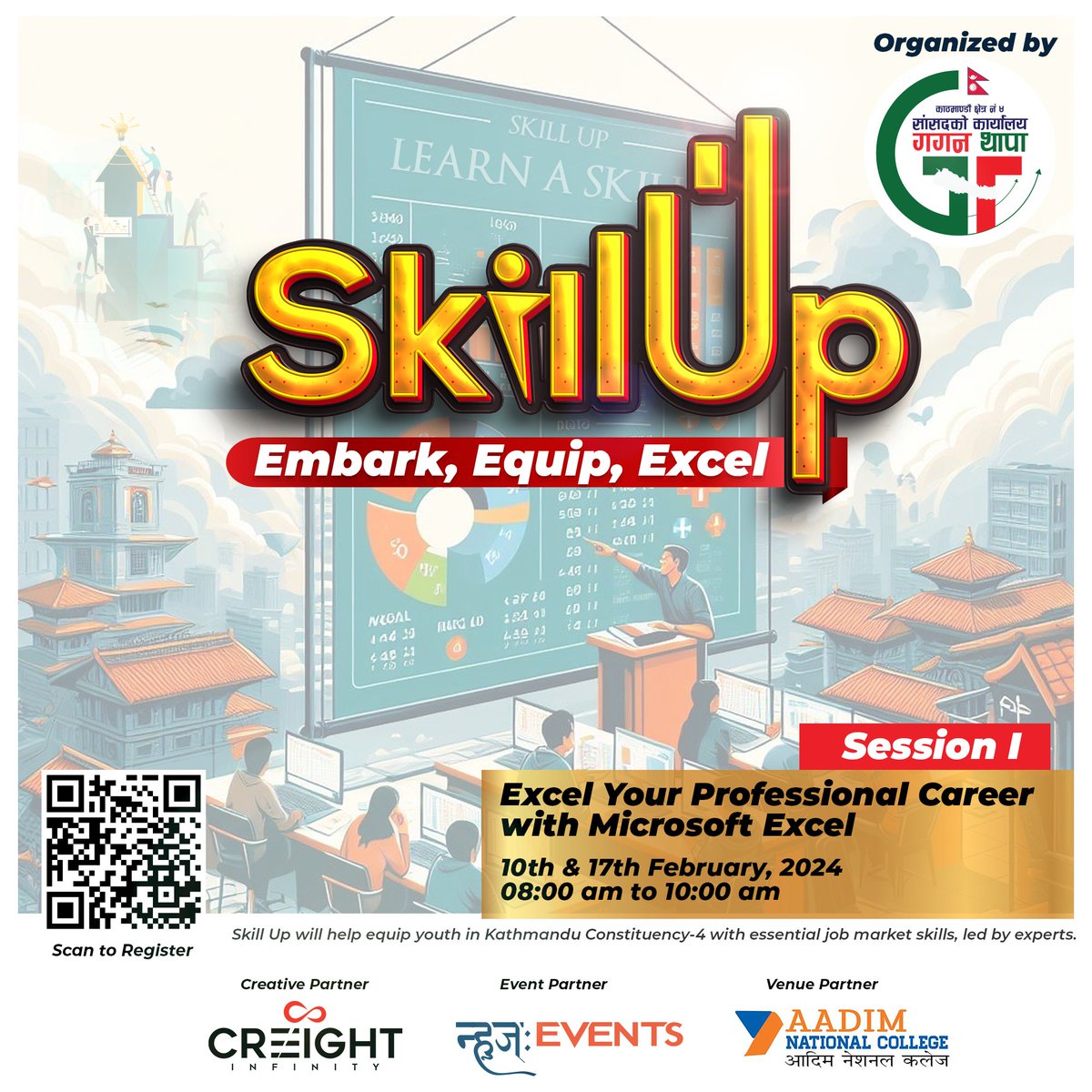 thapagk's tweet photo. The first session of the Skill Up series is here!
Skill Up is a monthly initiative of the Office of MP designed for the Youths of Kathmandu Constituency 4. The program aims to support the youths in the constituency by providing them with a platform that can help them nurture their skills for the job market and professional endeavors.
Skill Up is a monthly event conducted on two Saturdays each month. Every month, we will have experts guide our participants in learning skills that could benefit their professional lives.
We are starting the first session with Microsoft Excel this Saturday!
Excel your professional career with Microsoft Excel! Join us for the first Skill Up session on February 10 and 17. Scan the QR code or click the link to register !

https://t.co/Y3G3YpjUOA