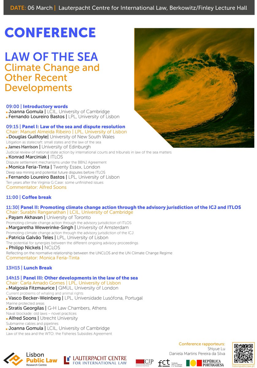 Registration is now open for this all day symposium at the Lauterpacht Centre: 'Law of the Sea: Climate Change and Other Recent Developments' - Wed 6 March 2024. Further information: buff.ly/3SsDeBg @Lx_Public_Law @fct_pt @govpt