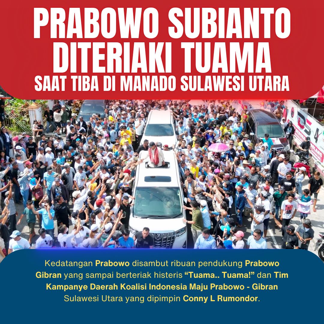 Saya Prabowo Subianto, setengah darah saya adalah Minahasa,” katanya dalam sambutan.
Serontak semua pendukung langsung bersorak.
“Ini dia tuama minahasa,” sorakan semua pendukung.#KenapaHarusPilih02