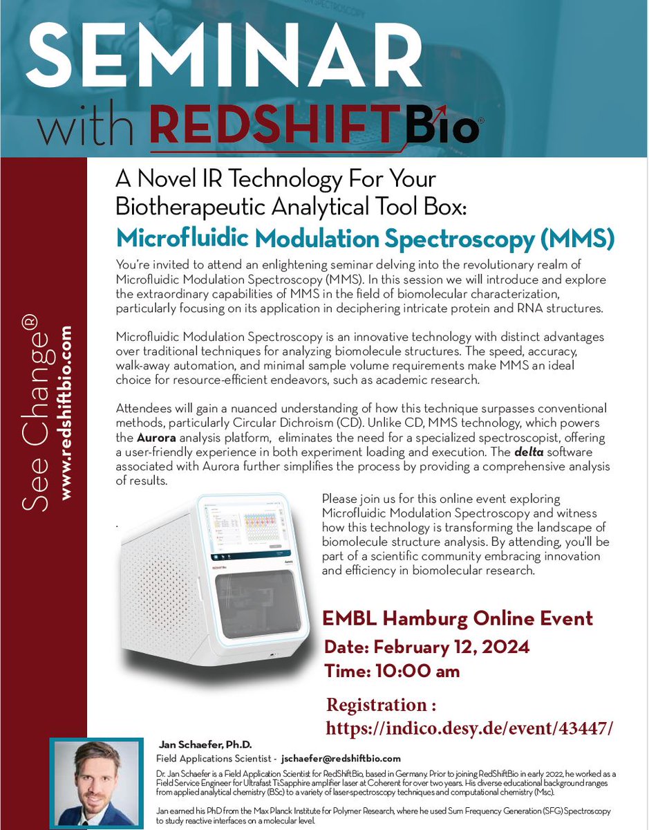We're glad to invite you to a seminar with RedShiftBio on Feb 12th at 10 am (online). We'll be introduced to Microfluidic modulation spectroscopy (MMS) as its promising applications towards biomolecular characterization of proteins. 👉Registration : indico.desy.de/event/43447/