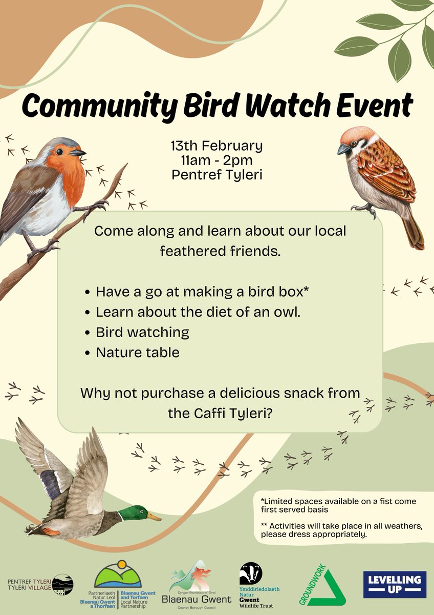 SherylEd94's tweet photo. Community Bird Watch Event -  13th February. 
11am - 2pm - Pentref Tyleri, Cwmtillery, Blaenau Gwent

Digwyddiad Adara Cymunedol - 13 Chwefror.
11am - 2pm - Pentref Tyleri , Cwmtillery, Blaenau Gwent https://t.co/tiyI6YEPdM
