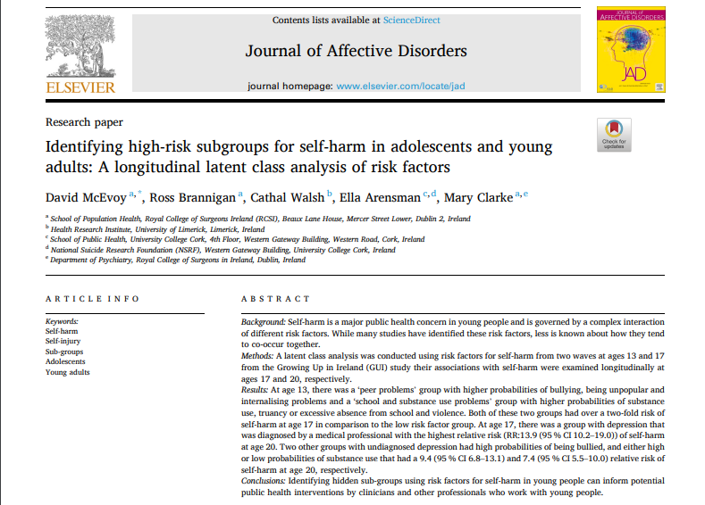 *New publication*

Ella Arensman is a co-author on a paper in the Journal of Affective Disorders led by @davidpmcevoy

▶️High risk subgroups for self-harm can be identified in adolescents which can inform public health interventions

ℹ️tinyurl.com/46zwtcpv 

#ConnectingforLife