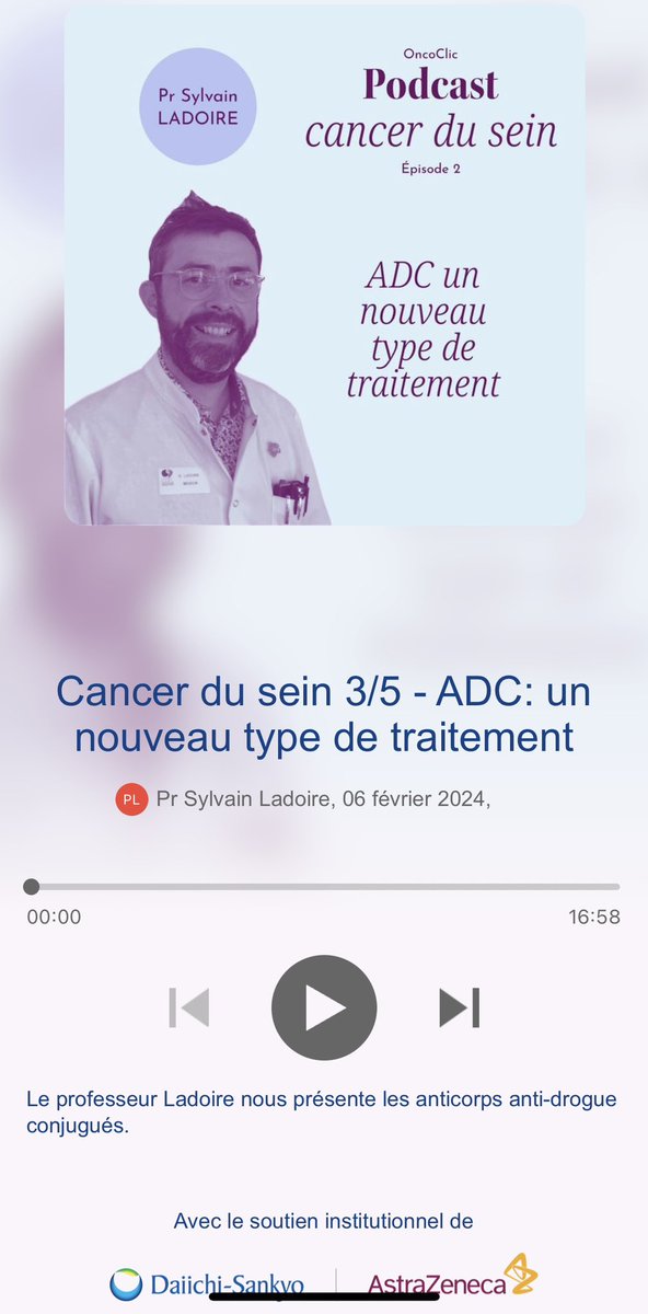 🎙️#Podcast 3/5 

La série de podcast continue avec ce 3e épisode sur les #ADC, un nouveau type de traitement émergent expliqué par le Pr Ladoire 

📲 À retrouver dès maintenant sur #Oncoclic 

#oncologie #breastcancer #cancerdusein