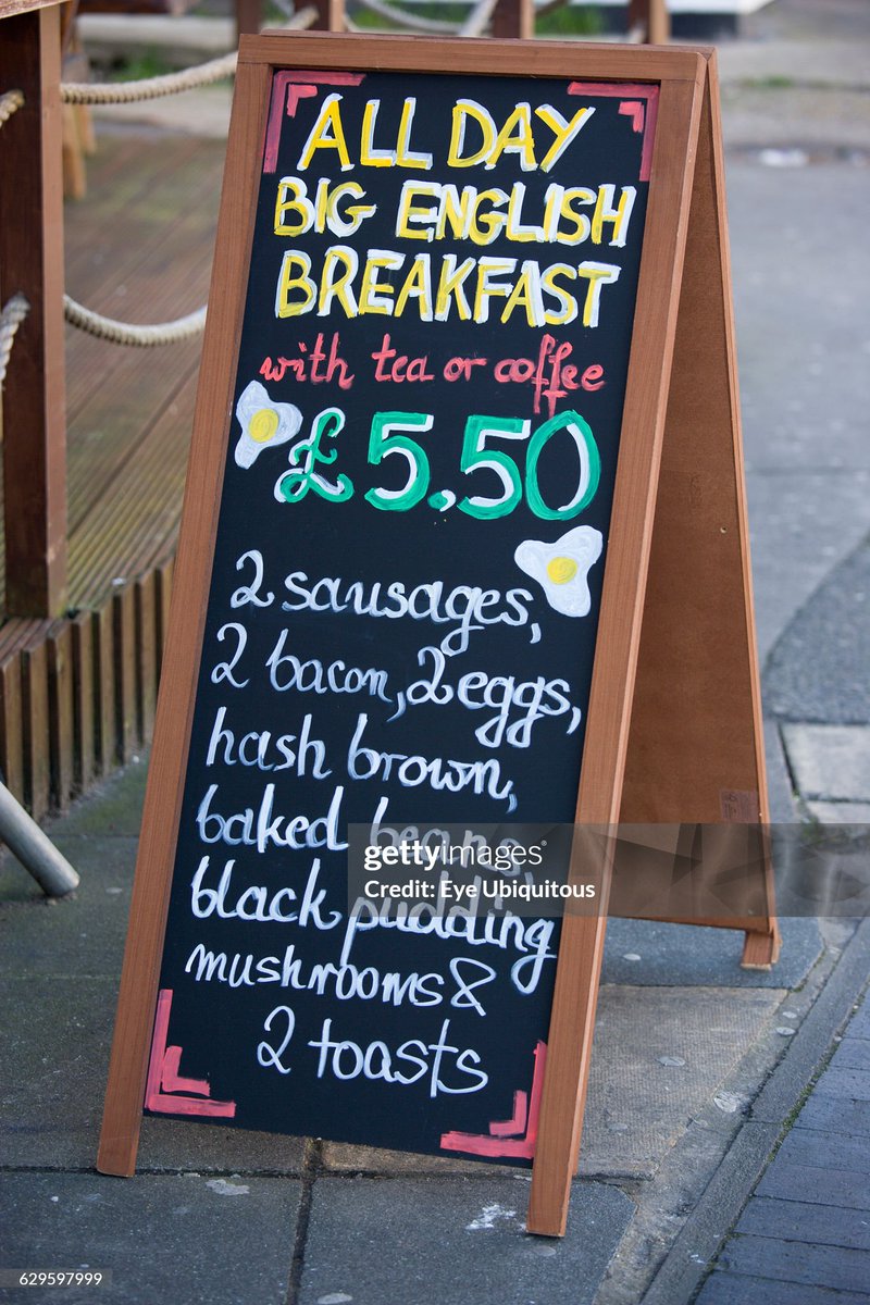 Food, Meal, Restaurant, A-board advertising All Day Big English Breakfast a cooked meal of sausages, bacon, eggs, baked beans, black pudding, mushrooms and toast (2015)