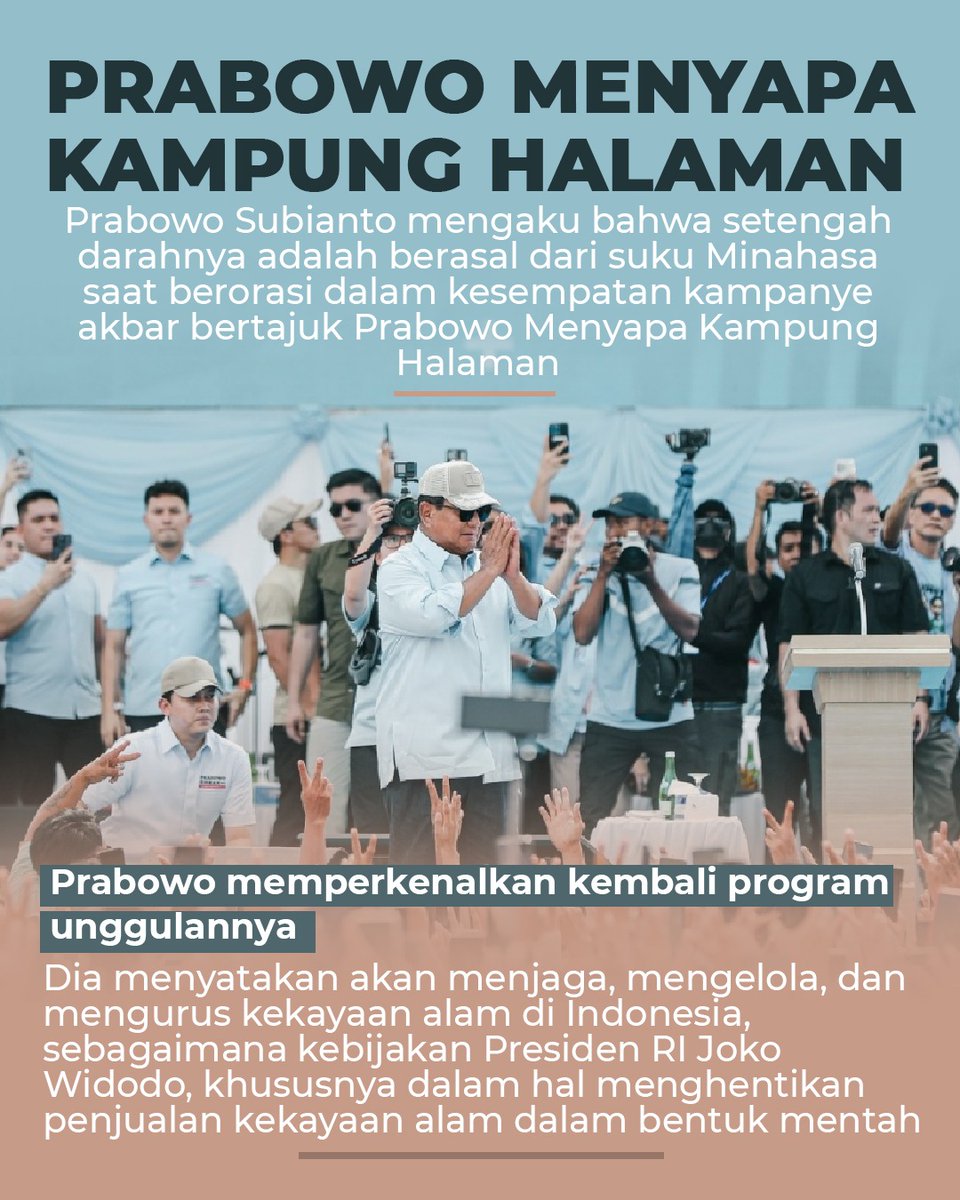 Calon Presiden RI Prabowo Subianto berorasi dalam kesempatan kampanye akbar bertajuk "Prabowo Menyapa Kampung Halaman" di hadapan pendukungnya di Lapangan Schwarz, Langowan, Sulawesi Utara, Senin (5/2/2024). #KenapaHarusPilih02