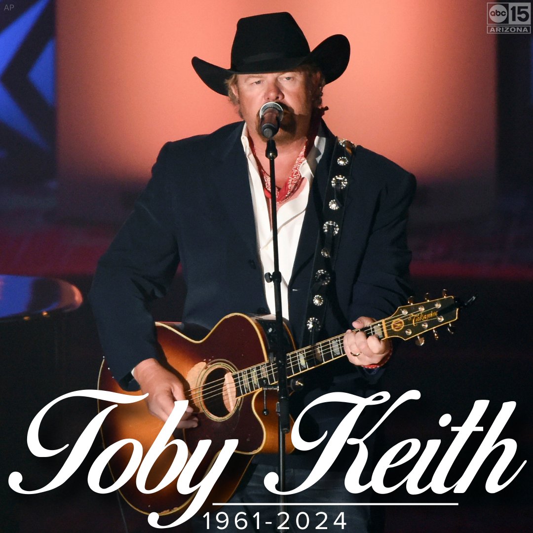 abc15's tweet photo. REST IN PEACE: Singer-songwriter Toby Keith has died after battling stomach cancer. He was 62 years old: https://t.co/iiP5Pdn1Qe  #abc15 https://t.co/2h7xAPQ53r