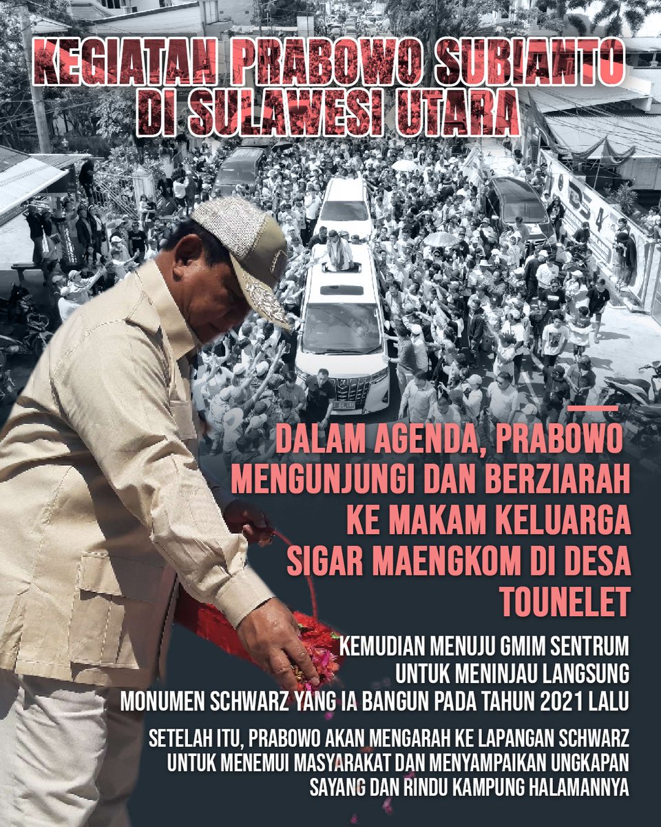 Selama berada di Langowan, Prabowo dijadwalkan melakukan sejumlah kegiatan, seperti berziarah serta melakukan tabur bunga di makam keluarga Sigar Maengkom, yang merupakan keluarga besar Prabowo.#KenapaHarusPilih02