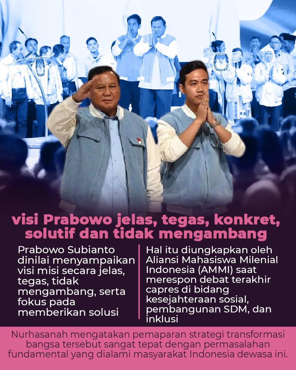 Calon Presiden (Capres) Nomor Urut 2, Prabowo Subianto dinilai menyampaikan visi misi secara jelas, tegas, tidak mengambang, serta fokus pada memberikan solusi.#KenapaHarusPilih02