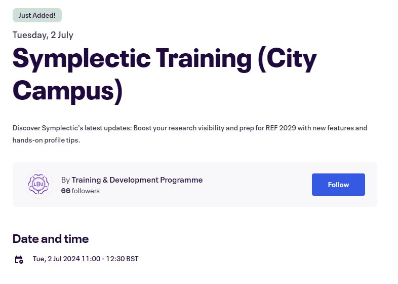 LBU researchers! Join us on 2nd July for a session on "Symplectic" at City Campus. Elevate your research visibility and engagement, and get ready for REF 2029. Practical exercises included! Don't miss out - book now! <a href="/LBU_RaE/">Research and Enterprise at Leeds Beckett</a> 📝🚀 eventbrite.co.uk/e/symplectic-t…