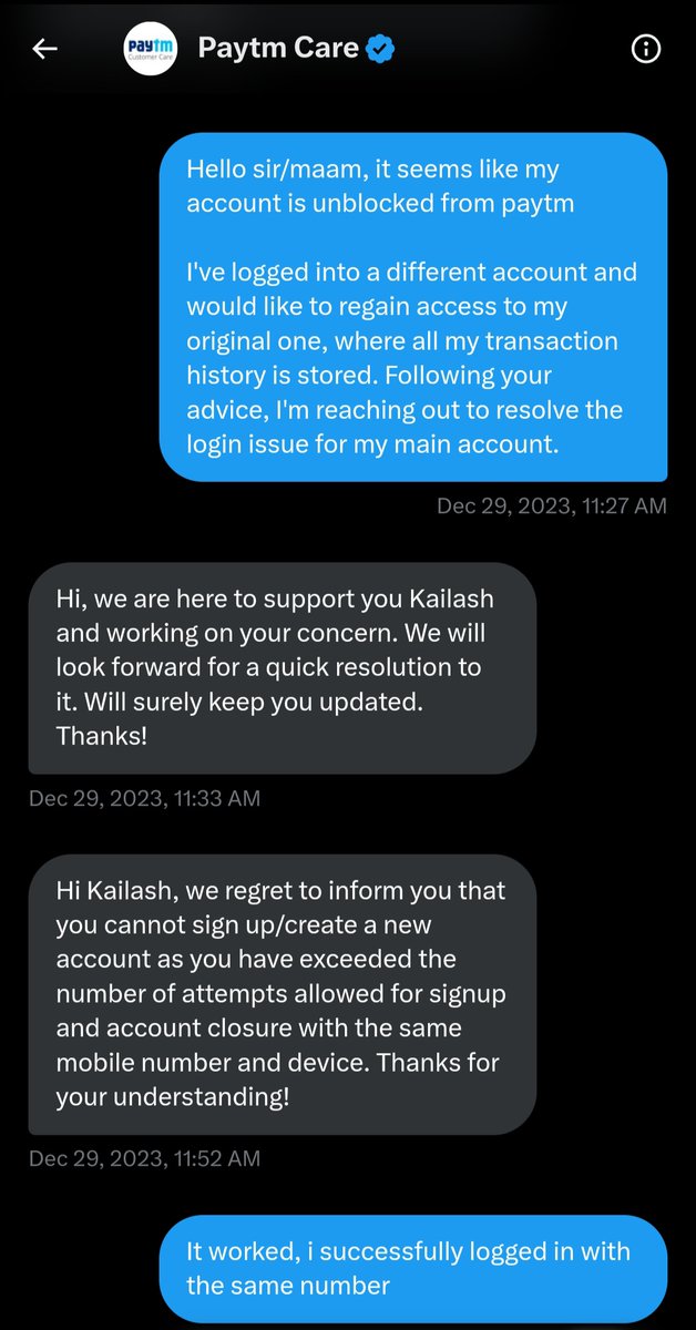 KssPatil's tweet image. Paytm's customer service is a nightmare! Complaints, direct messages, tweets – no resolution! Can't log into my account; they push me to open a new one. Screenshot proof attached. 
Don't fall for Paytm's scam – urging everyone to steer clear!
#PaytmScam #SCAM 
@Paytm @Paytmcare
