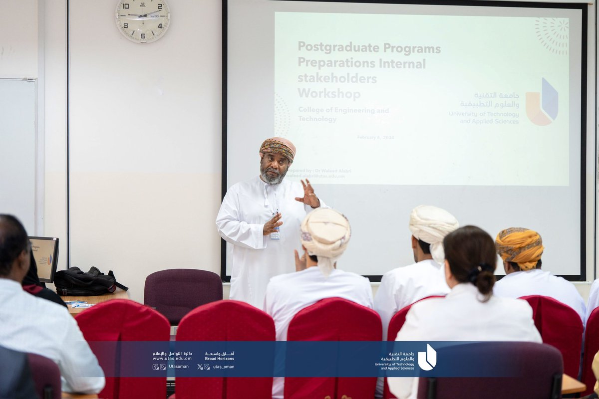 utas_oman's tweet photo. #ورش |

نظمت كلية الهندسة والتكنولوجيا ورشة لمناقشة برامج الدراسات العليا بالكلية للشركاء الداخليين (الإداريين والأكاديميين) من جميع فروع الجامعة، وذلك سعيًا نحو تحقيق أهداف الجامعة ورؤية عُمان 2040، والتوجه العالمي للتخصصات المستقبلية.
حيث نوقش في الورشة البرامج المقترحة واختيار المناسب منها استنادًا إلى حاجة القطاعين الخاص والعام، تماشيًا مع التوجه العالمي والاطار الوطني للمؤهلات.

#جامعة_التقنية_والعلوم_التطبيقية 
#آفاق_واسعة