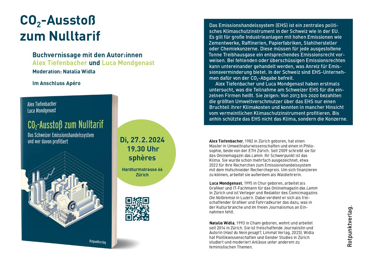 climatejourn_ch's tweet photo. Veranstaltungstipp: Am 27. Februar stellen @tiefenbacherin und Luca Mondgenast ihr neues Buch über das Emissionshandelssystem vor. Die Schweiz ist an das klimapolitische Instrument der EU angeknüpft 🇪🇺 Der Eintritt zur Buchvernissage ist frei. https://t.co/NSAZ7WavxD https://t.co/jajtJQXByc