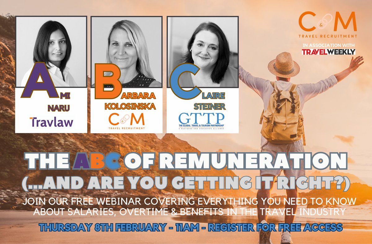 Don't miss out - there's just 2 days until our free webinar on remuneration &amp; benefits in the travel industry with our expert panel of <a href="/BK_CandM/">Barbara Kolosinska</a>, <a href="/ClaireSteinerUK/">Claire Steiner</a> &amp; <a href="/TravlawLegal/">Travlaw</a>'s <a href="/naru_ami/">Ami Naru</a>. Book your place now! us02web.zoom.us/meeting/regist…